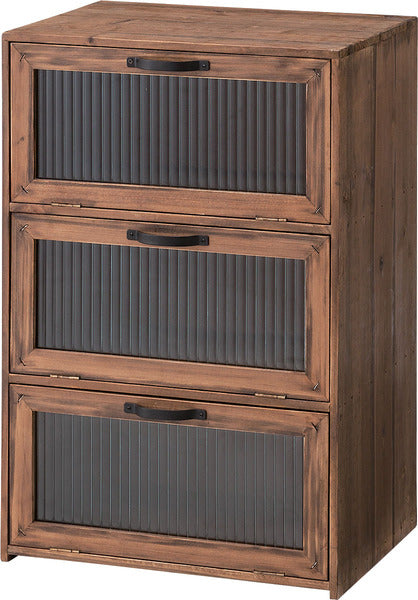 ヴィンテージレトロ感あふれる波板ガラス使用のフラップチェスト　3段 完成品 高さ60cm｜CEDAR