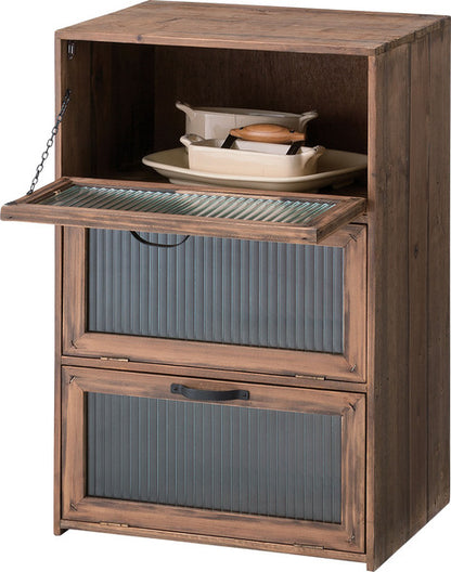 ヴィンテージレトロ感あふれる波板ガラス使用のフラップチェスト　3段 完成品 高さ60cm｜CEDAR